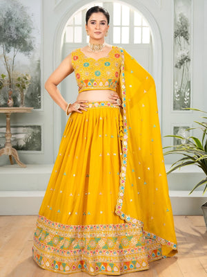 Rajwada Yellow Georgette Embroidered Semi-Stitched lehenga For Women