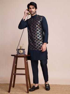 Rajwada Navy Blue Silk Blend Embellished Stitched Kurta With Pant For Men