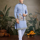Rajwada Sky Blue Cotton Blend Embroidered Stitched Kurta For Men