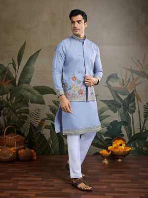 Rajwada Sky Blue Cotton Blend Embroidered Stitched Kurta For Men