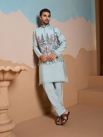 Rajwada Light Blue Silk Blend Embroidered Stitched Kurta Set For Men