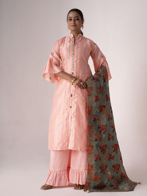 Rajwada Peach Tusser Silk Lace work Semi-Stitched Kurta Set For Women