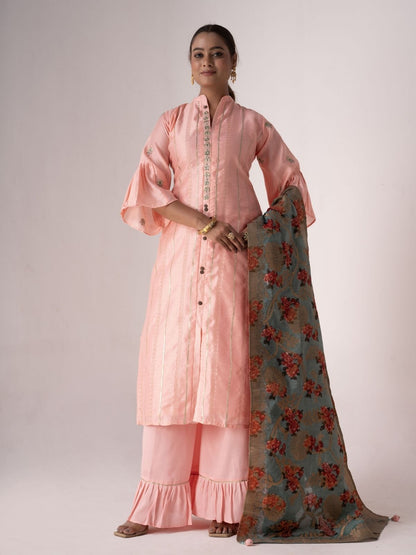Rajwada Peach Tusser Silk Lace work Semi-Stitched Kurta Set For Women