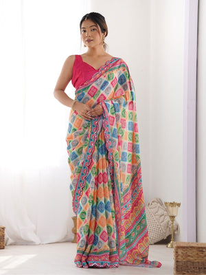 Rajwada Multicolor Chinon Printed Saree With Unstitched Blouse For Women