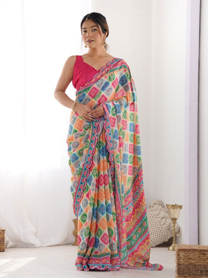 Rajwada Multicolor Chinon Printed Saree With Unstitched Blouse For Women