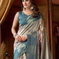 Rajwada Teal Blue And Grey Silk Blend Printed Saree For Women
