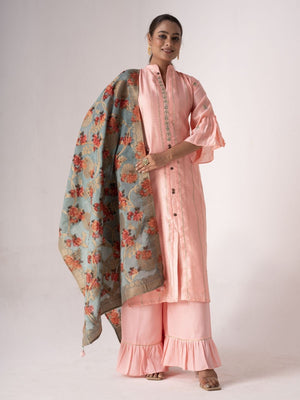 Rajwada Peach Tusser Silk Lace work Semi-Stitched Kurta Set For Women