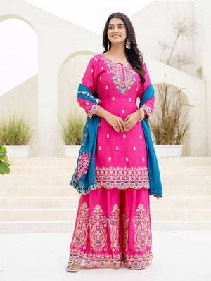 Rajwada Pink Chiffon Embroidered Stitched Kurta Set For Women
