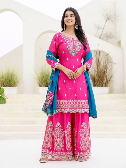 Rajwada Pink Chiffon Embroidered Stitched Kurta Set For Women
