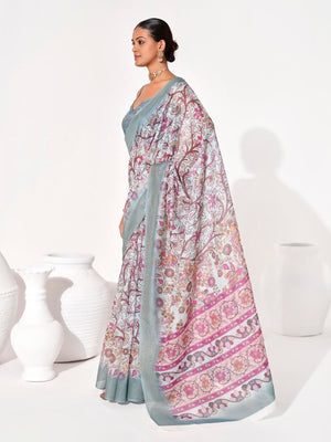 Rajwada Off White Cotton Linen Solid Printed Saree For Women