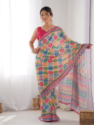 Rajwada Multicolor Chinon Printed Saree With Unstitched Blouse For Women