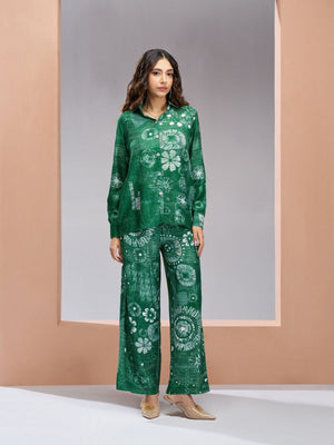 Rajwada Green Linen Printed Stitched Co-Ord Set For Women