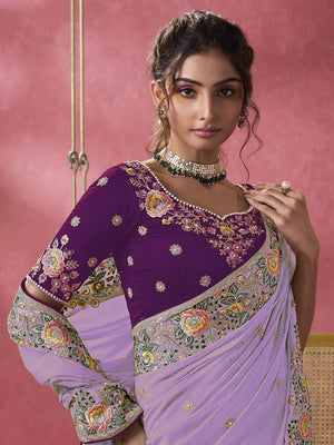 Rajwada Lavender Georgette Embroidered Elegant Saree For Women