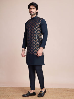 Rajwada Navy Blue Silk Blend Embellished Stitched Kurta With Pant For Men