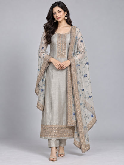 Grey Silk Blend Embellished Kurta Set