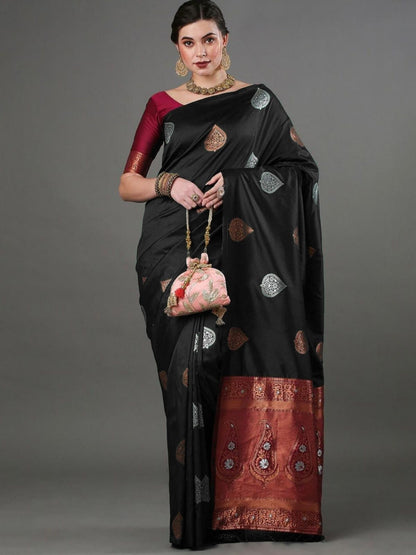 Rajwada Black Silk Blend Woven Saree For Women