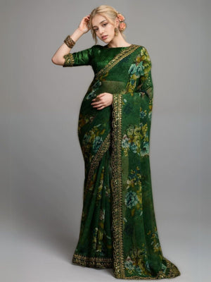 Rajwada Green Georgette Printed Saree For Women