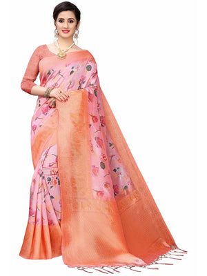 Rajwada Pink Silk Blend Floral Printed Saree For Women