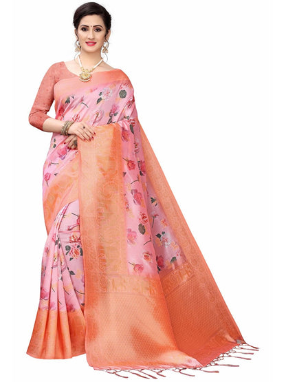 Rajwada Pink Silk Blend Floral Printed Saree For Women