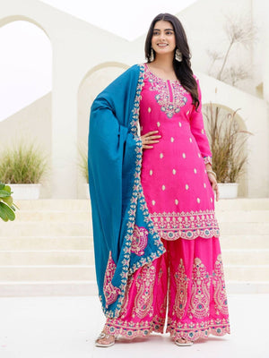 Rajwada Pink Chiffon Embroidered Stitched Kurta Set For Women