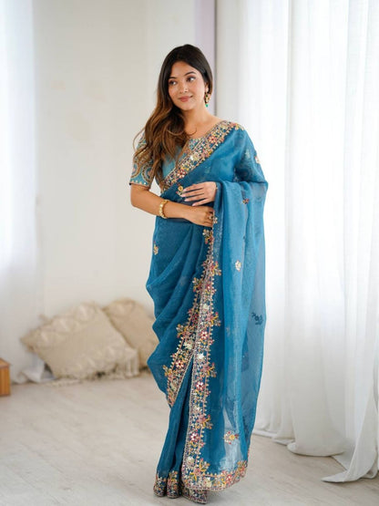 Rajwada Blue Silk Blend Solid Saree For Women
