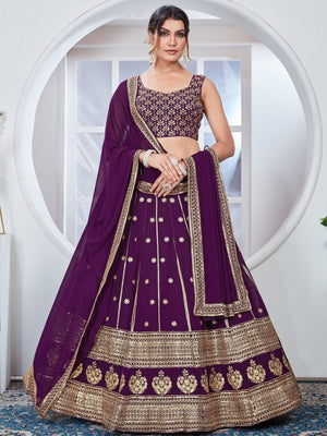 Rajwada Purple Georgette Thread & Sequins Embroidered Semi-Stitched Lehenga For Women