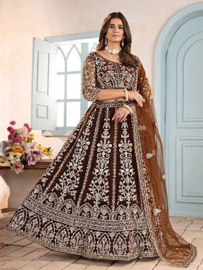 Rajwada Brown Net Sequence Embroidered Semi-Stitched Lehenga For Women