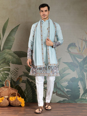 Rajwada Sky Blue Viscose Silk Embroidered Stitched Kurta For Men