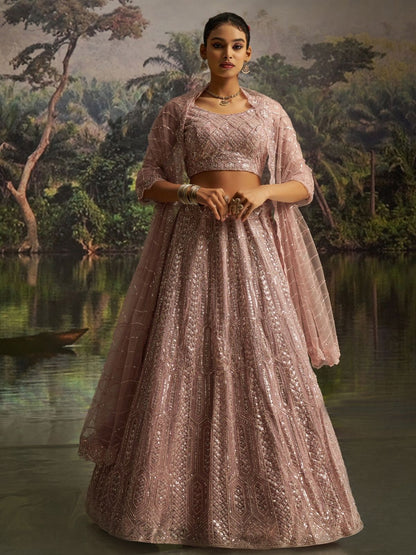 Rajwada Light Pink Net Embellished Semi-Stitched Lehenga For Women