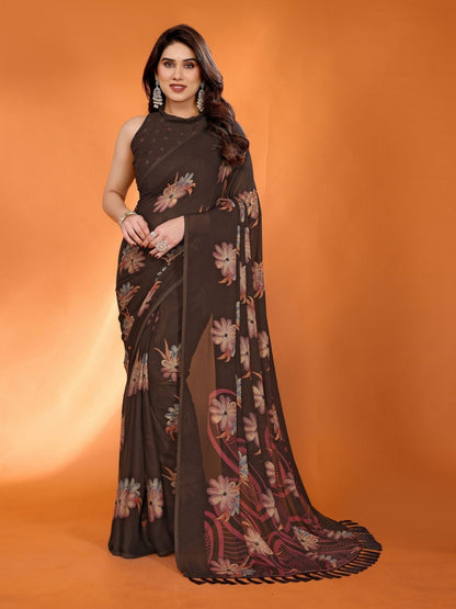 Rajwada Brown Silk Blend Floral Print Saree For Women