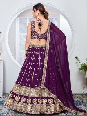 Rajwada Purple Georgette Thread & Sequins Embroidered Semi-Stitched Lehenga For Women