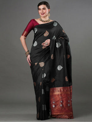 Rajwada Black Silk Blend Woven Saree For Women