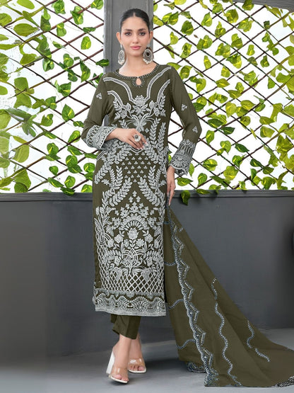 Rajwada Olive Green Silk Blend Embroidered Semi-Sitched Kurta Set For Women