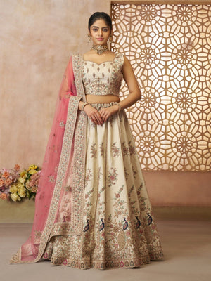 Rajwada Off White Silk Blend Embroidered Semi-Stitched Lehenga For Women