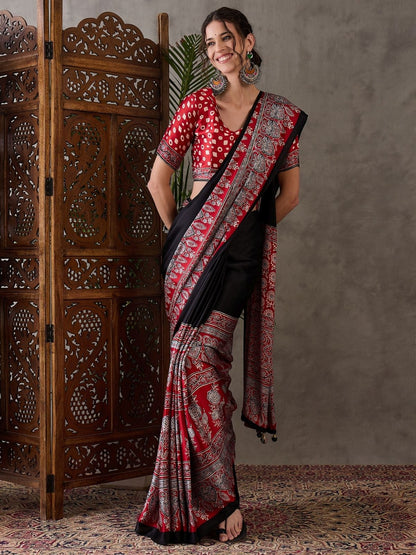 Rajwada Black And Red Silk Blend Printed Elegant Saree For Women