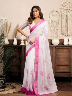 Rajwada White And Pink Cotton Linen Zari Work Saree For Women