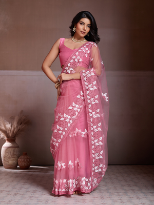 Rajwada Light Pink Net Embroidered Saree For Women