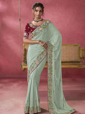 Rajwada Sea Green Georgette Embroidered Elegant Saree For Women