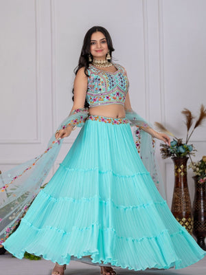 Rajwada Sky Blue Georgette Embroidered Semi-Stitched lehenga For Women