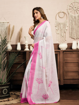Rajwada White And Pink Cotton Linen Zari Work Saree For Women