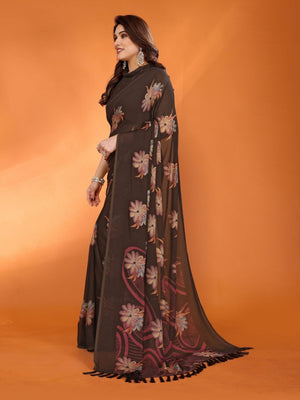 Rajwada Brown Silk Blend Floral Print Saree For Women