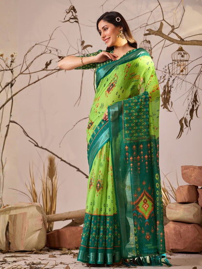 Rajwada Green Linen Cotton Printed Saree For Women