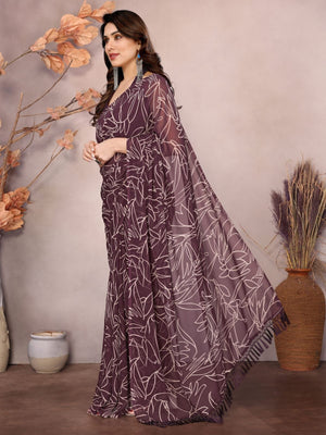 Rajwada Wine Georgette Printed Saree With Unstitched Blouse For Women