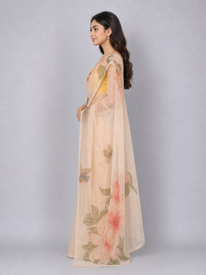Light Yellow Net Embellished Saree