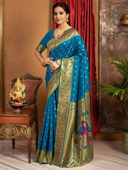Rajwada Blue Silk Blend Woven Pithani Saree For Women