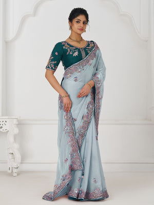 Rajwada Sky Blue Viscose Silk Embroidered Saree For Women