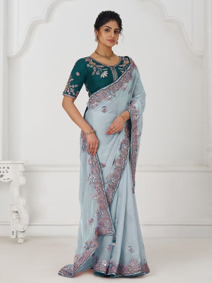 Rajwada Sky Blue Viscose Silk Embroidered Saree For Women