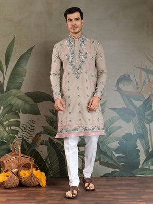 Rajwada Beige Viscose Silk Embroidered Stitched Kurta For Men
