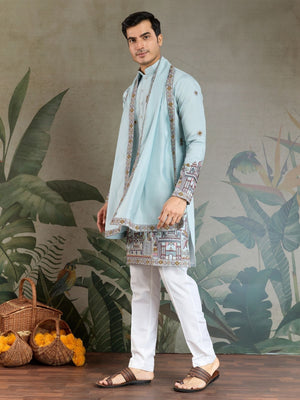 Rajwada Sky Blue Viscose Silk Embroidered Stitched Kurta For Men