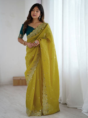 Rajwada Mustard Silk Blend Embroidered Solid Saree For Women